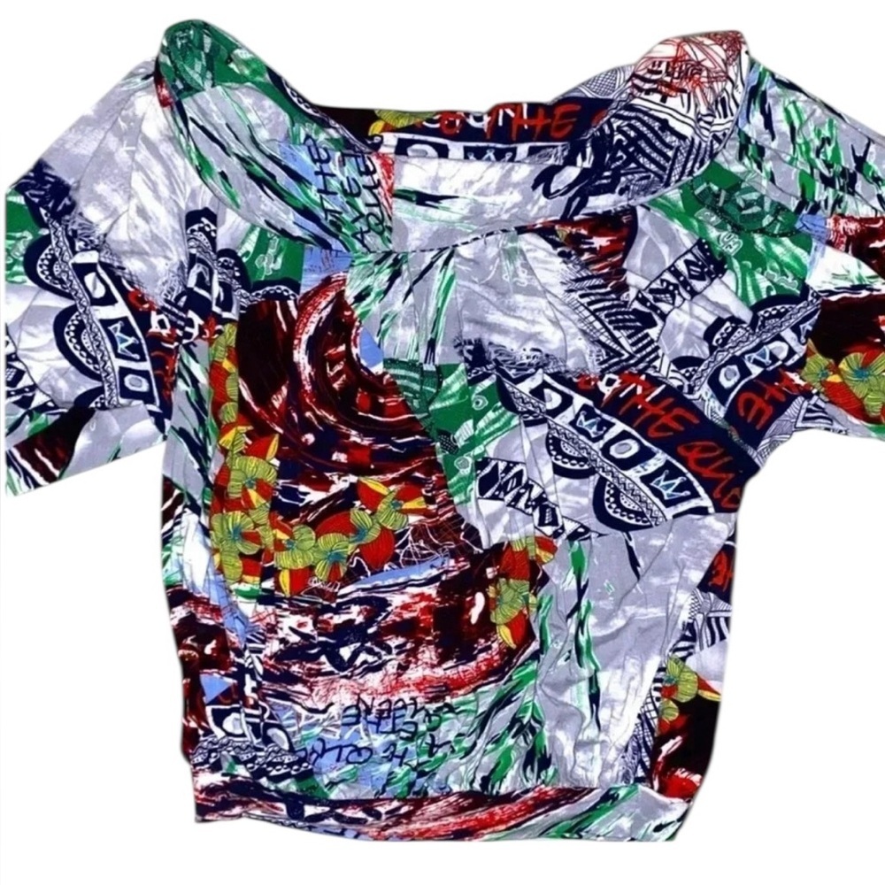 Artsy Floral Hawaiian Print Cotton Jersey Knit Off The Shoulder Top Blouse